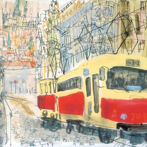 May include: Watercolor painting of a yellow and red tram traveling down a cobblestone street. The tram has the number 22 on the front. Buildings line the street, and a cityscape is visible in the background.