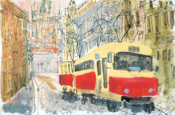 Prague Tram Watercolor Painting, Czech Wall Art, Prague Signed Print, Red Tram Drawing, Building Architecture, Prague Sketch Clare Caulfield