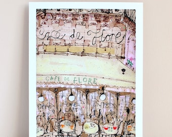 PARIS ART PRINT Impression jet d'encre Français, café De Flore, aquarelle, art mural France, immeuble de Paris, photo parisienne, croquis de café rose