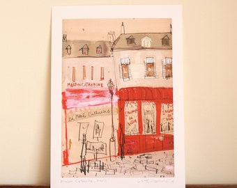 PARIS ART PRINT, Maison Catherine, Parisian Illustration, Watercolor Painting, Giclée Print, French Drawing, Montmartre Buildings,