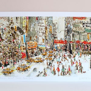 Nevica a New York, arte di West 34th Street, grande stampa d'arte firmata, stampa giclée di New York, arte di Manhattan, schizzo dello shopping, pittura ad acquerello NY