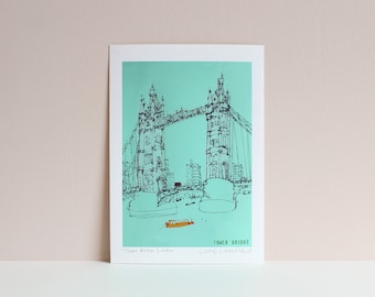 TOWER BRIDGE LONDON Art Print, River Thames Boats, Signed Giclee Print, London Bus, Flat Graphic Bold Colours, Line Drawing, City of London