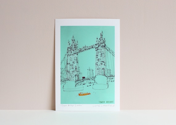 TOWER BRIDGE LONDON Art Print, River Thames Boats, Signed Giclee Print, London Bus, Flat Graphic Bold Colours, Line Drawing, City of London