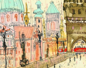 PRAGUE BRIDGE PRINT, 11 x 14 City Art Print, Charles Bridge Sketch, Czech Drawing, City Painting, Prague Travel Art, Architecture Travel