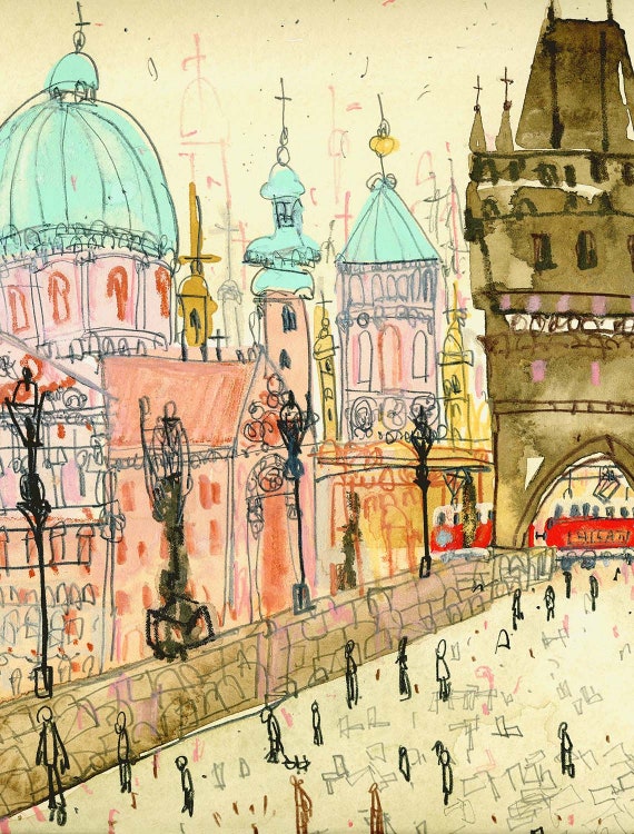 油絵チエコ、カレル橋 プラハ橋のプリント、11 x 14 シティアート