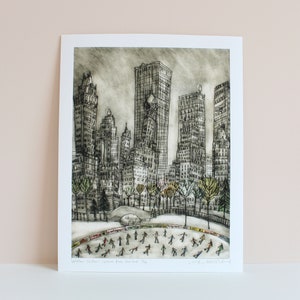 Winter New York, Ice Skating NYC, Central Park Picture, Skating Rink Manhattan, Holiday Skaters, Wollman Rink NY, Skyscraper, New York Art