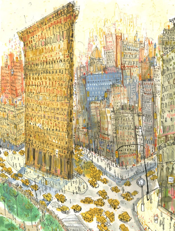 FLATIRON BUILDING, New York Art Print, 11x14 Home Decor, NYC Taxi Picture, Manhattan Painting, 175 Fifth Avenue, Architecture, Skyscraper Ny