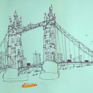 May include: A black and white line drawing of Tower Bridge in London, England. The bridge is drawn in detail, with the two towers, the suspension cables, and the roadway all visible. There are also several small boats in the water below the bridge, and a flock of birds flying overhead. The text "TOWER BRIDGE" is written in green at the bottom right of the image.