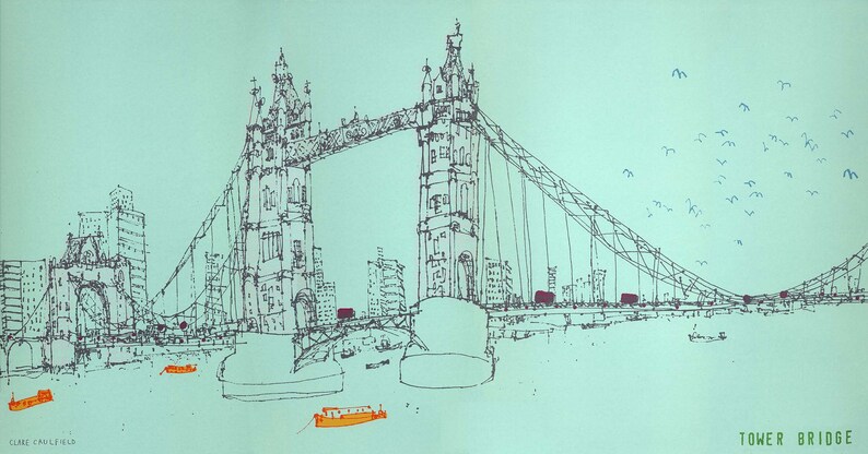 May include: A black and white line drawing of Tower Bridge in London, England. The bridge is drawn in detail, with the two towers, the suspension cables, and the roadway all visible. There are also several small boats in the water below the bridge, and a flock of birds flying overhead. The text "TOWER BRIDGE" is written in green at the bottom right of the image.