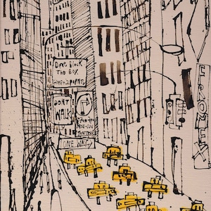 New York City Taxi Drawing, Signed Art Print, New York Painting, Manhattan Street, Dont Walk, One Way, NYC Sign, Skyscrapers Clare Caulfield image 4