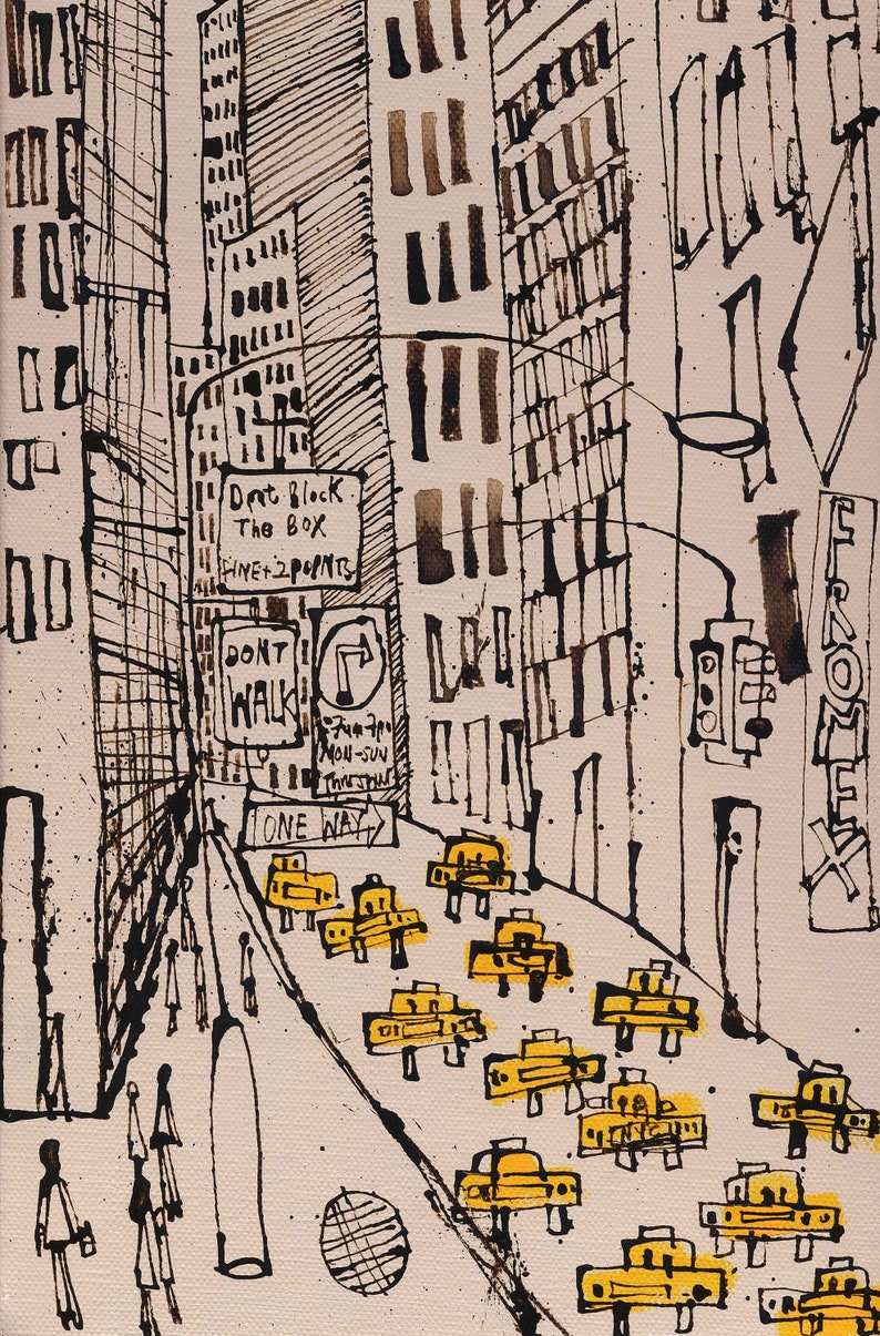 New York City Taxi Drawing, Signed Art Print, New York Painting, Manhattan Street, Dont Walk, One Way, NYC Sign, Skyscrapers Clare Caulfield image 4