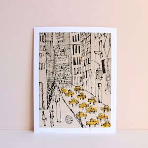 New York Taxi Cabs, NYC Street Print, 11 x 14 Picture, Don&#39;t Walk Art, Skyscraper Buildings, New York Painting, Pen Drawing, One Way Sign