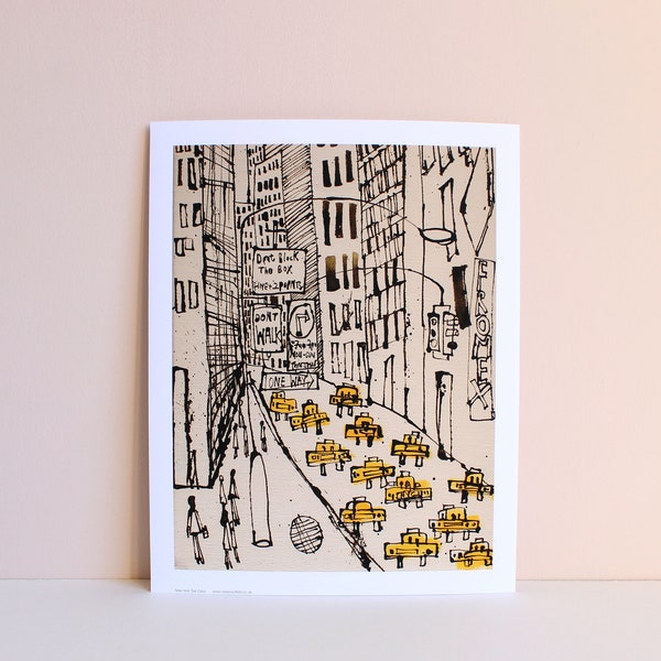 Taxis de New York, impression de rue de New York, photo 11 x 14, Don't Walk Art, gratte-ciel, peinture de New York, dessin à la plume, panneau directionnel