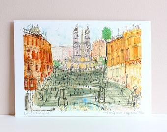 SPANISH STEPS ROME, Art Print Italy, Rome Sketch, Signed Limited Edition print, Rome Watercolour Painting, Piazza di Spagna, Clare Caulfield