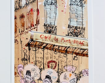 PARIS CAFÉ PRINT, Signed Picture, Café Du Pont Neuf, Watercolor Painting, Pen Drawing, France City Sketch, Parisian Art, Clare Caulfield