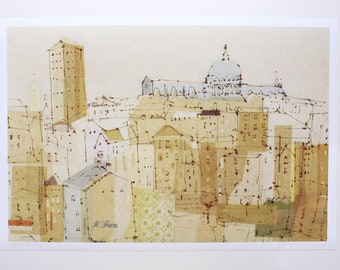 Siena Italy Print, 35.7" x 24", Large SIGNED GICLEE PRINT, Tuscany Drawing, Duomo Buildings, Painting of Siena Hillside, Clare Caulfield