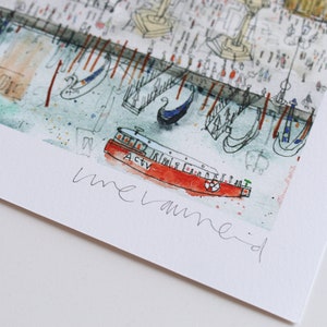 May include: A watercolor painting of a scene in Venice, Italy. The painting features a red boat with the word "ACTV" on the side, and many gondolas. The painting is signed "mevamed" in the bottom right corner.