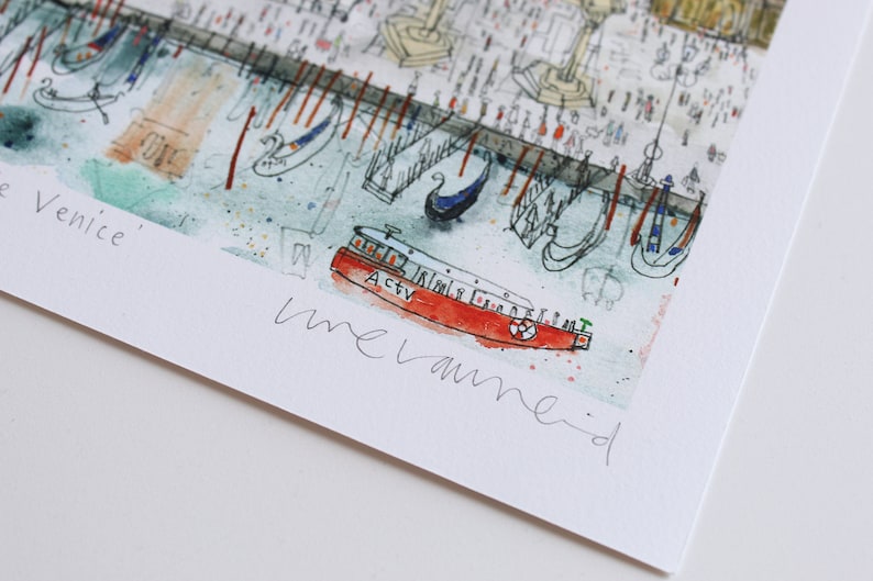 May include: A watercolor painting of a scene in Venice, Italy. The painting features a red boat with the word "ACTV" on the side, and many gondolas. The painting is signed "mevamed" in the bottom right corner.