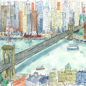 BROOKLYN BRIDGE, New York Canvas, Dumbo Wall Art, Watercolor Painting, New York City View, Manhattan Wall Art, Skyscrapers NYC, Drawing