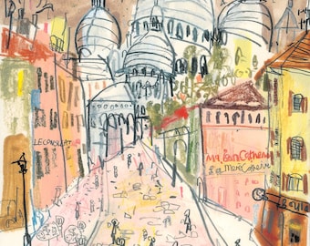 SACRE COEUR PICTURE, 11x14 Print, French Wall Decor, Montmartre Drawing, Parisian Scene, City Painting, Watercolour Sketch, Clare Caulfield
