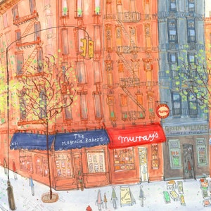 May include: A watercolor illustration of a city street scene with three storefronts. The storefronts are labeled "The Magnolia Bakery", "Murray's", and "Green Village Grocery & Produce". There are people walking on the sidewalk and a fire hydrant.