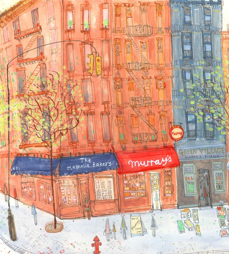 May include: A watercolor illustration of a city street scene with three storefronts. The storefronts are labeled "The Magnolia Bakery", "Murray's", and "Green Village Grocery & Produce". There are people walking on the sidewalk and a fire hydrant.