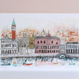 May include: A watercolor illustration of the Doge's Palace in Venice, Italy. The palace is a large, pink building with many windows and arches. There are gondolas in the water in front of the palace. The text "Arriving at Piazza San Marco Venice" is printed below the image.
