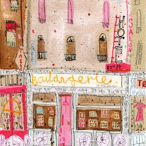 PARIS BOULANGERIE, Café Print 11x14, French Patisserie, Parisian Home Decor, Pink Bakery Drawing, Montmartre Sketch, Watercolour Painting