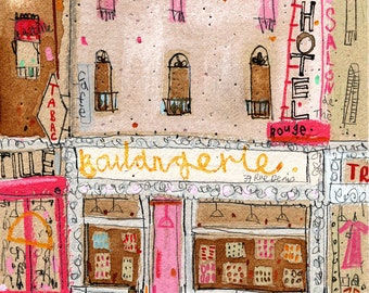 PARIS BOULANGERIE Cafe stampa 11x14, immagine di un caffè francese, decorazioni per la casa di Parigi, disegno di panetteria rosa, schizzo del caffè di Montmartre, pittura ad acquerello