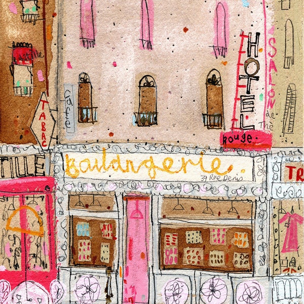 PARIS BOULANGERIE Cafe Print 11x14, Imagen de café francés, Decoración del hogar de París, Dibujo de panadería rosa, Boceto de café de Montmartre, Pintura de acuarela