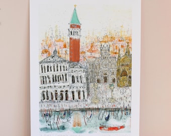 May include: A watercolor illustration of St. Mark's Square in Venice, Italy. The illustration features the Campanile, Doge's Palace, and St. Mark's Basilica. The square is filled with people and gondolas.