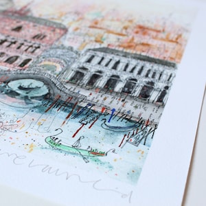 May include: A watercolor painting of a cityscape with buildings, bridges, and boats. The painting is done in a loose, gestural style with a lot of detail. The colors are muted and earthy, with a hint of pink and blue. The painting is signed "melancol", which is likely the artist's name.