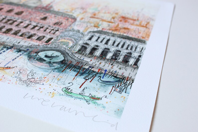 May include: A watercolor painting of a cityscape with buildings, bridges, and boats. The painting is done in a loose, gestural style with a lot of detail. The colors are muted and earthy, with a hint of pink and blue. The painting is signed "melancol", which is likely the artist's name.
