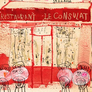 PARIS ART PRINT, Le Consulat, French Restaurant Sketch, Red Parisian Café, Watercolour Painting, Montmartre Picture, Mixed-Media Drawing image 3