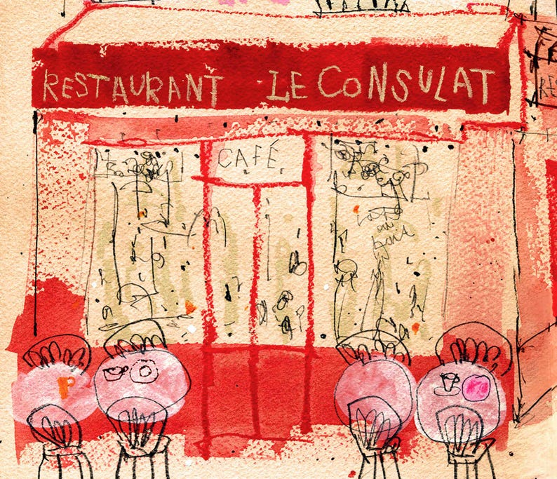 PARIS ART PRINT, Le Consulat, French Restaurant Sketch, Red Parisian Café, Watercolour Painting, Montmartre Picture, Mixed-Media Drawing image 3