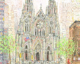 Toile de ST PATRICKS, cathédrale de New York, impression d'art sur toile, photo de taxi de New York, impression jet d'encre, dessin au crayon, peinture de la ville, croquis de Manhattan