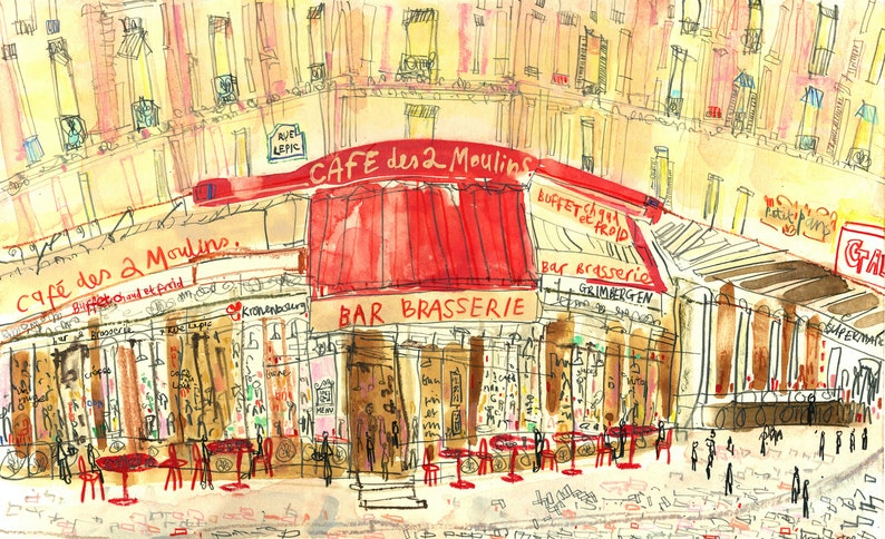 May include: Watercolor illustration of a Parisian cafe, "Cafe des 2 Moulins," with a red awning and the words "Bar Brasserie." The artwork depicts a street scene with people and tables, capturing the essence of a European cafe.