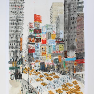 Stampa artistica ad acquerello di Times Square, raffigurante un taxi di New York, realizzata con tecnica giclée e firmata da Clare Caulfield. immagine 1