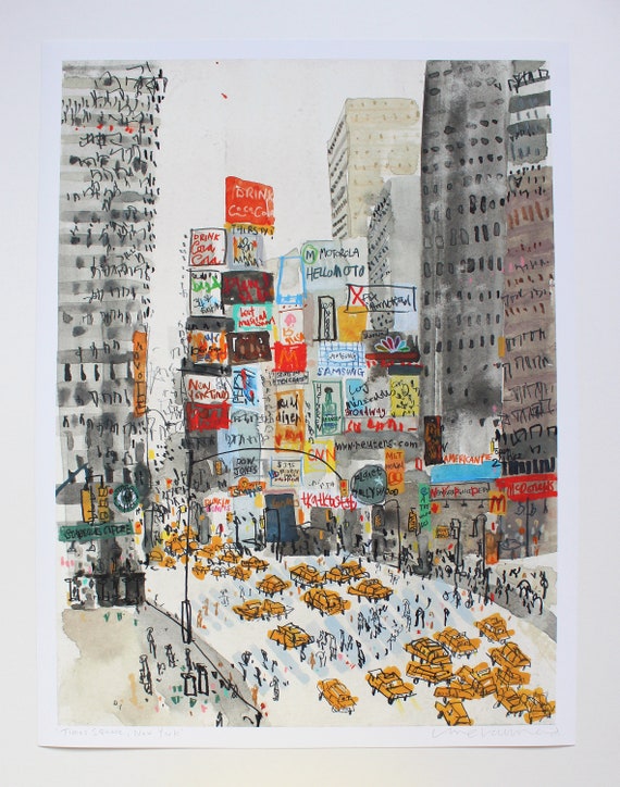 Times Square Watercolor Art Print, NYC Taxi Cab Giclee, Signed by Clare Caulfield
