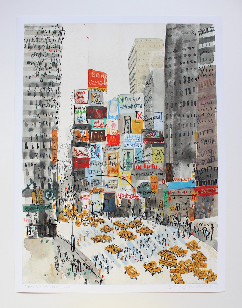 Stampa artistica ad acquerello di Times Square, raffigurante un taxi di New York, realizzata con tecnica giclée e firmata da Clare Caulfield. immagine 1