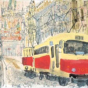 PRAGUE ART PRINT Czech Republic, Red Tram Drawing, Watercolor Painting, Signed Limited Edition, Prague Tram, Old Town Square Clare Caulfield