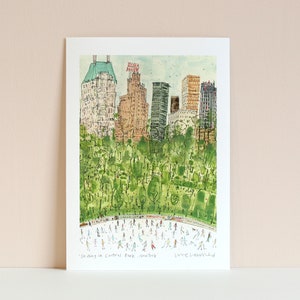 CENTRAL PARK Art New York City Print, Skating Central Park, Signed Giclee Print NYC Watercolor Painting, Ice Skaters New York, Nyc Skyline