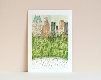 CENTRAL PARK Art New York City Print, Skating Central Park, Signed Giclee Print NYC Watercolor Painting, Ice Skaters New York, Nyc Skyline