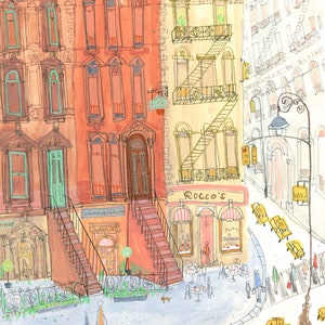 May include: A watercolor illustration of a city street scene with colorful buildings, a cafe called "Rocco's" with a red awning, and yellow taxis. The buildings have fire escapes and windows. There are people walking on the sidewalk and a street lamp.