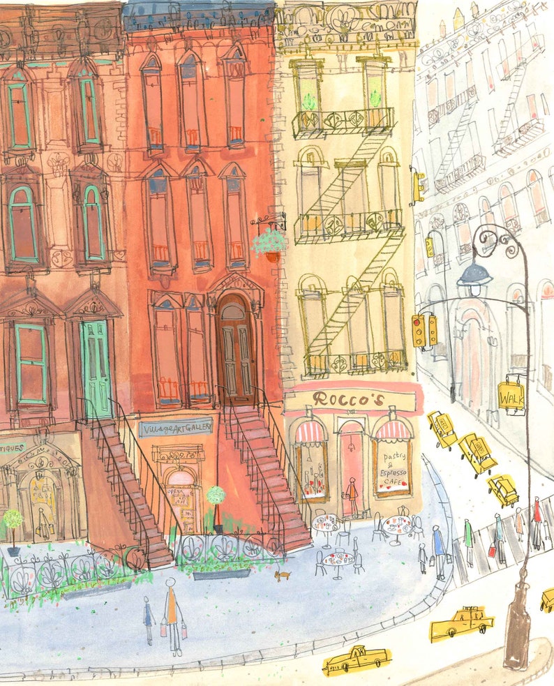 May include: A watercolor illustration of a city street scene with colorful buildings, a cafe called "Rocco's" with a red awning, and yellow taxis. The buildings have fire escapes and windows. There are people walking on the sidewalk and a street lamp.
