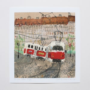 May include: A watercolor illustration of two red and white trams in Prague, Czech Republic. The trams are on a track with a building in the background. The text "Praze Tram" and "L.W.Lawrence" are visible in the bottom left and right corners of the image.