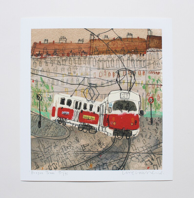 May include: A watercolor illustration of two red and white trams in Prague, Czech Republic. The trams are on a track with a building in the background. The text "Praze Tram" and "L.W.Lawrence" are visible in the bottom left and right corners of the image.