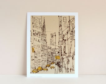 New York Street, Yellow Taxi Cabs, East Midtown Print, 11 x 14 Wall Art, Don't Walk, Skyscraper Buildings New York Drawing, East 56th Street