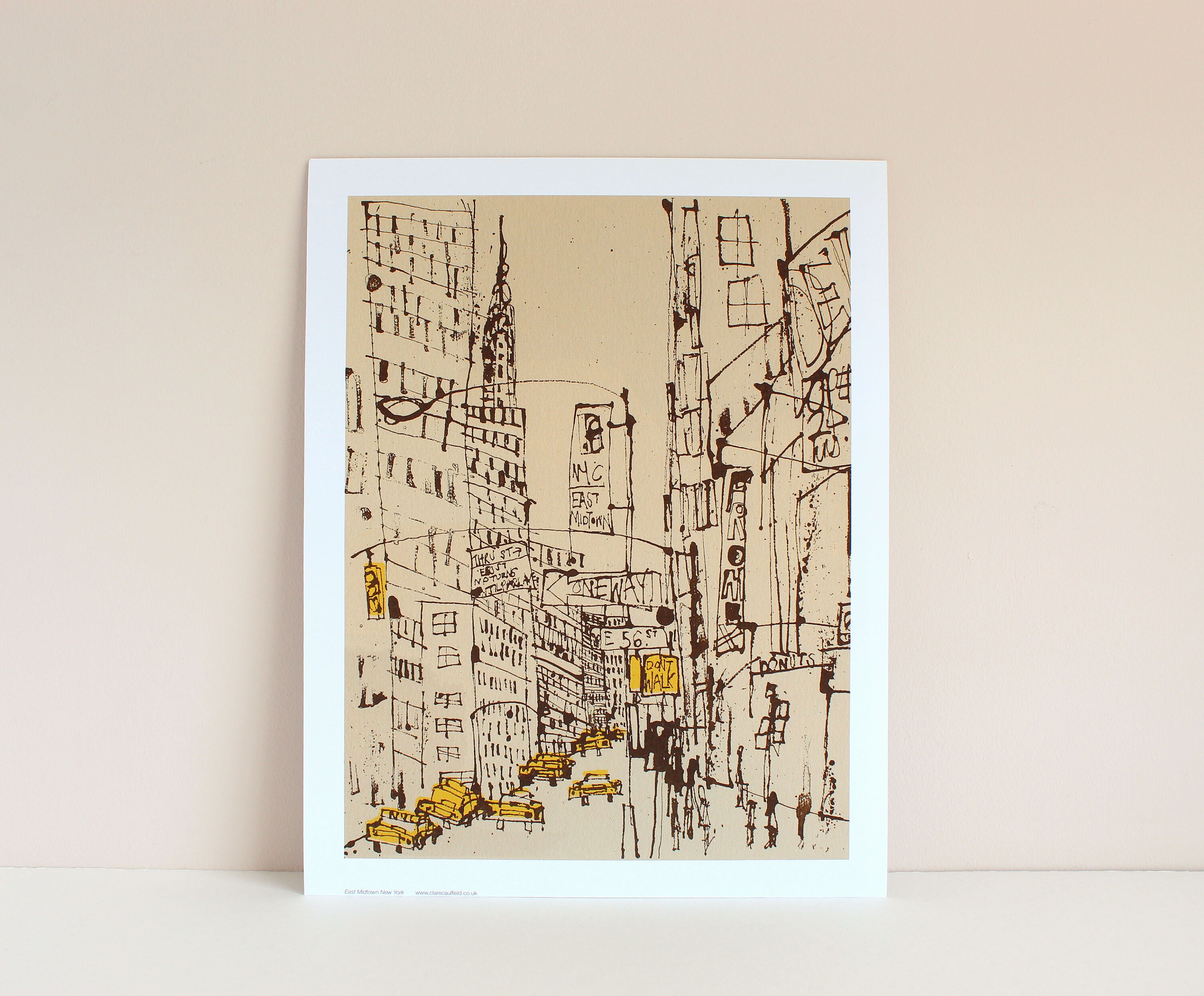 New York Street, Yellow Taxi Cabs, East Midtown Print, 11 x 14 Wall Art, Don't Walk, Skyscraper Buildings New York Drawing, East 56th Street