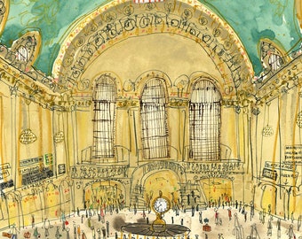 GRAND CENTRAL Sketch, New York 11 x 14 Art, NYC Wanddekor, Zugreise New York, Stadtzeichnung, Architekturreise, Aquarellmalerei
